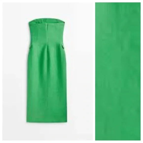 NWT. Massimo Dutti Studio Green 100% Linen Strapless Midi Dress. Size S.